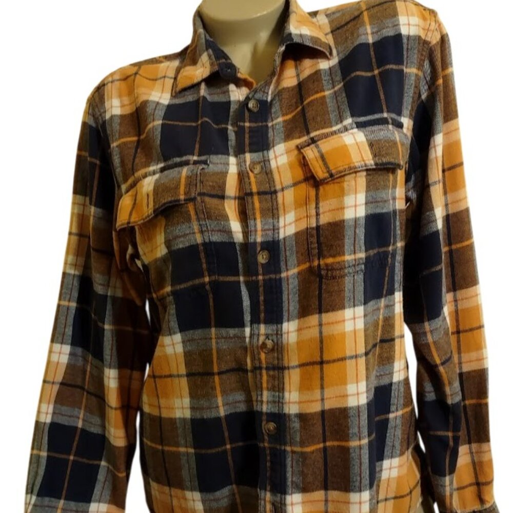 LIKE NEW WOMEN CUTE OLD NAVY PLAID FLANNEL ORANGE BROWN NAVY SHIRT SZ M